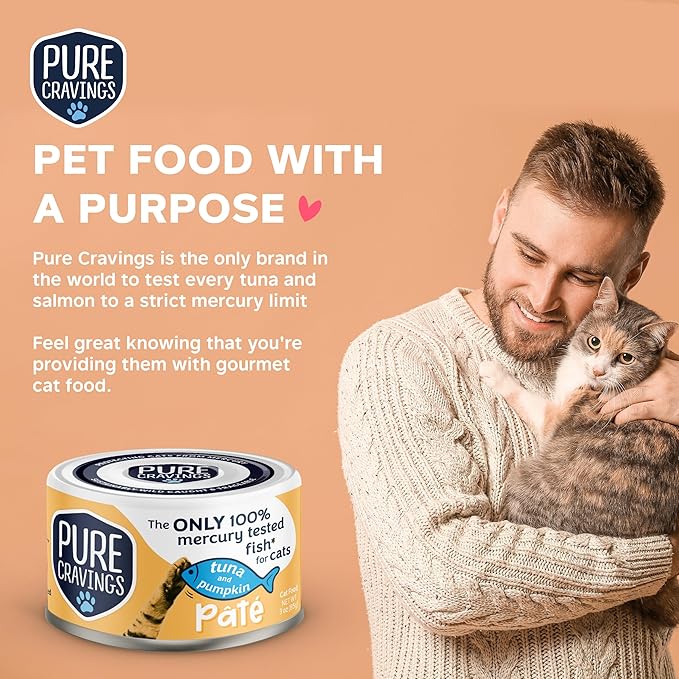 Pure Cravings Tuna and Pumpkin Pate, Canned Wet Cat Food, 100% Mercury-Tested, Moist Can Fish, Grain-Free Protein, Non-GMO, 12 Pack