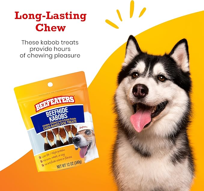 Beefeaters Beefhide Kabobs – Dog Treat. Triple Flavor with Real Chicken, Liver & Sweet Potato, Long-Lasting Chew, Supports Dental Health, Ideal for Training