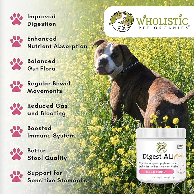 Wholistic Pet Organics Probiotics for Dogs with Digestive Enzymes & Prebiotic Fiber - 8 Oz - Daily Cat & Dog Probiotics for Digestive Health, Anti Diarrhea & Gut Support - Natural Powder Supplement