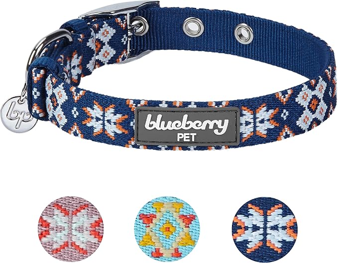 Blueberry Pet Southwestern Modern Tribal Print Navy Braided Adjustable Dog Collar with Metal Buckle, Neck 9-12.5", for Small Breed