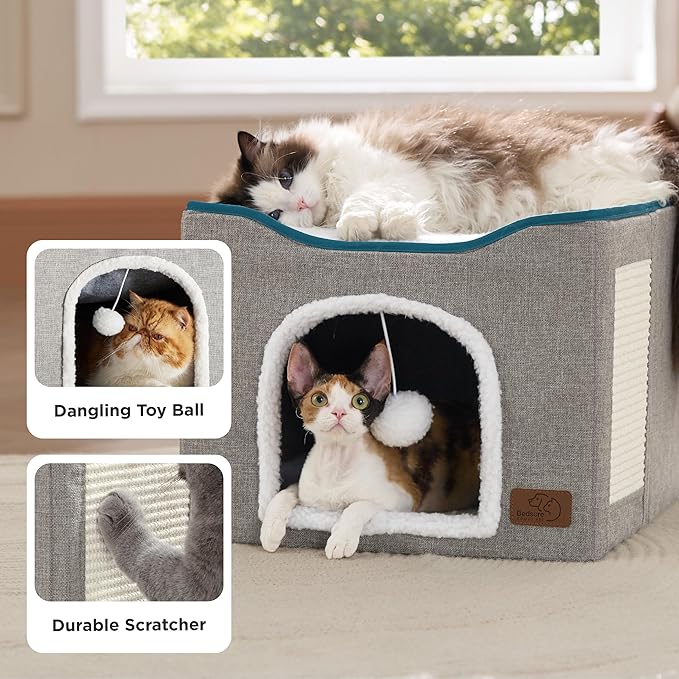 Bedsure Cat Beds for Indoor Cats - Large Cat Cave for Pet Cat House with Fluffy Ball Hanging and Scratch Pad, Foldable Cat Hideaway, 16.5x16.5x13 inches, Blue