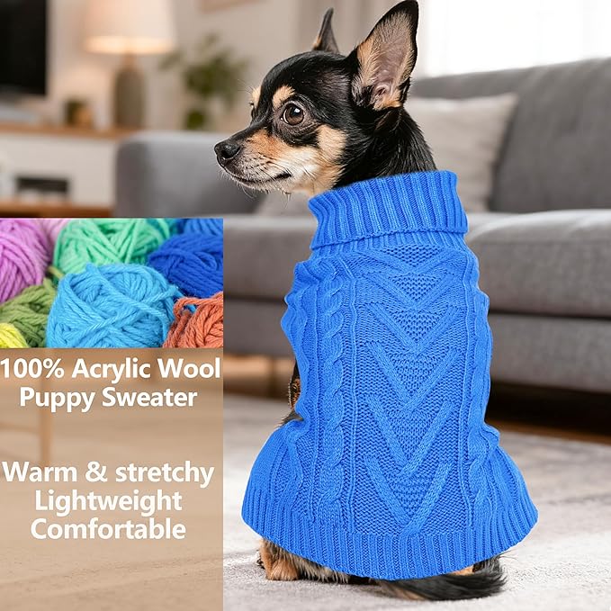 Dog Sweaters for Small Dogs Warm Dog Clothes Winter Chihuahua Clothes Girl Boy Puppy Sweater Cable Knitted Doggy Coat Soft Mini Dachshund Sweater with Turtleneck Pullover Design (Blue, X-Large)
