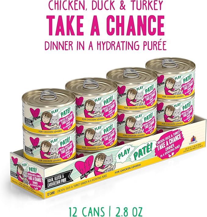 Weruva B.F.F. Play - Best Feline Friend Paté Lovers, Aw Yeah!, Chicken, Duck & Turkey Take a Chance with Chicken, Duck & Turkey, 2.8oz Can (Pack of 12)