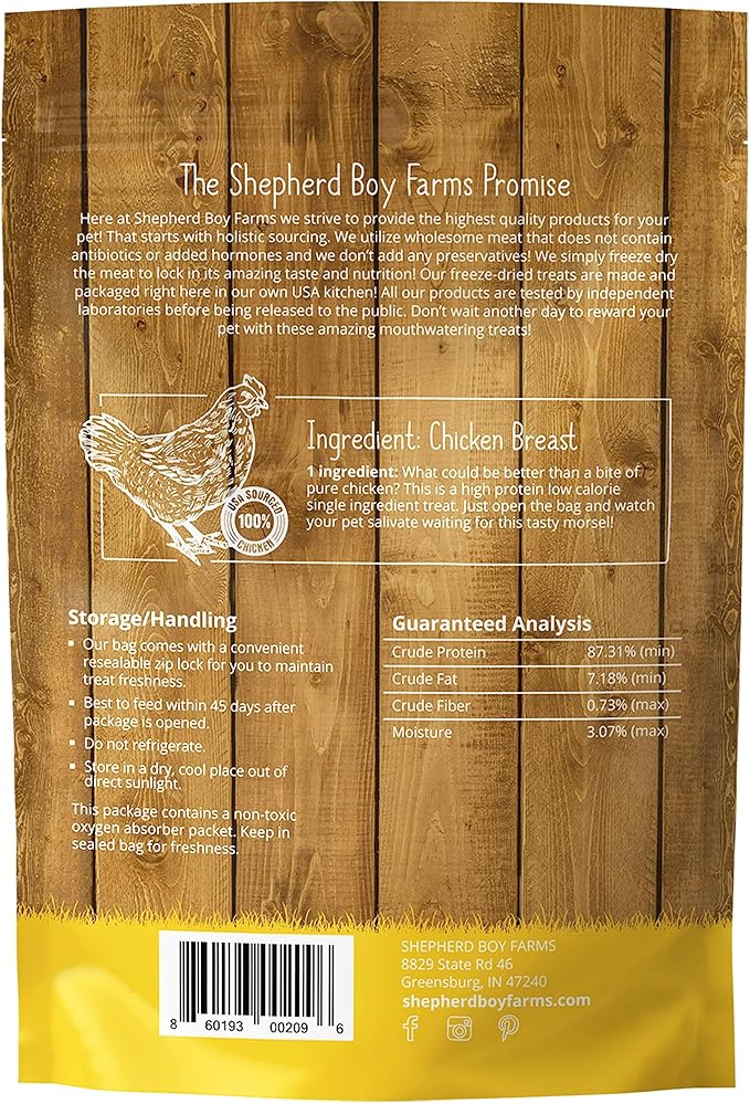 Shepherd Boy Farms Freeze Dried Dog and Cat Treats, Chicken Breast, All Natural Freeze-Dried Dog Treat & Snacks, Made in USA, High in Protein, Nutrition of Raw Food, Single Ingredient, 3oz