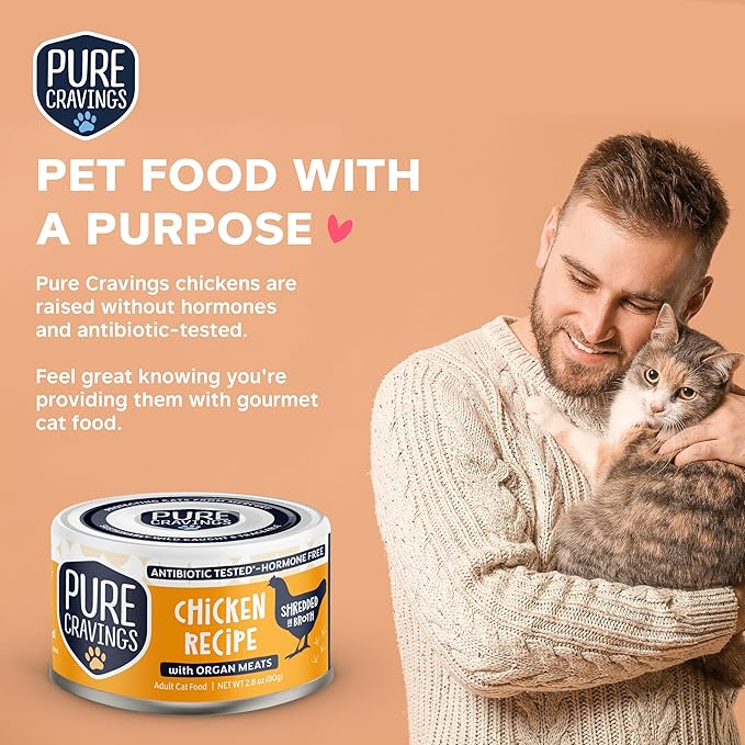 Pure Cravings Chicken Recipe in Broth, Shredded Wet Cat Food, Grain-Free Protein, Non-GMO, 12 Pack