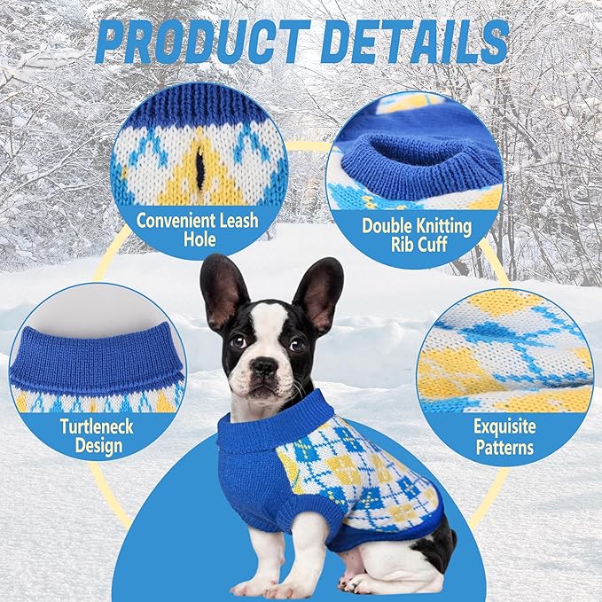 Dog Sweater, Soft Dog Sweaters for Small Medium Dogs Cats Girl Boy, Classic Knitted Turtleneck Outdoor Pet Clothes for Dogs Girl Boy, Small Puppy Kitten Sweater with Leash Hole, Blue, Small