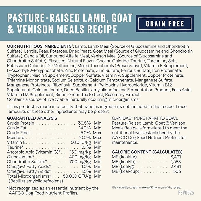 Canidae Pure Farm to Bowl Pasture-Raised Lamb with Goat & Venison Meals, Adult, Grain-Free Dry Dog Food, 12lb