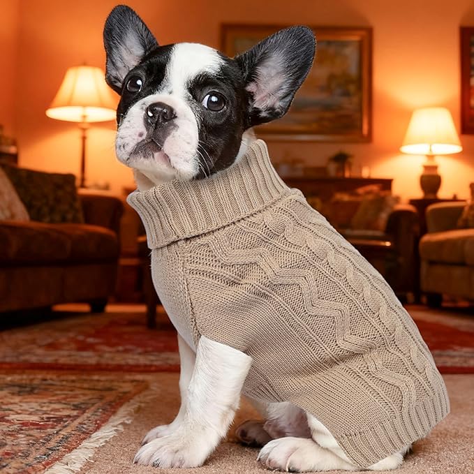Dog Sweaters for Small Dogs Warm Dog Clothes Winter Chihuahua Clothes Girl Boy Puppy Sweater Knitted Doggy Coat Soft Mini Dachshund Sweater with Turtleneck Pullover Design (Khaki, Large)
