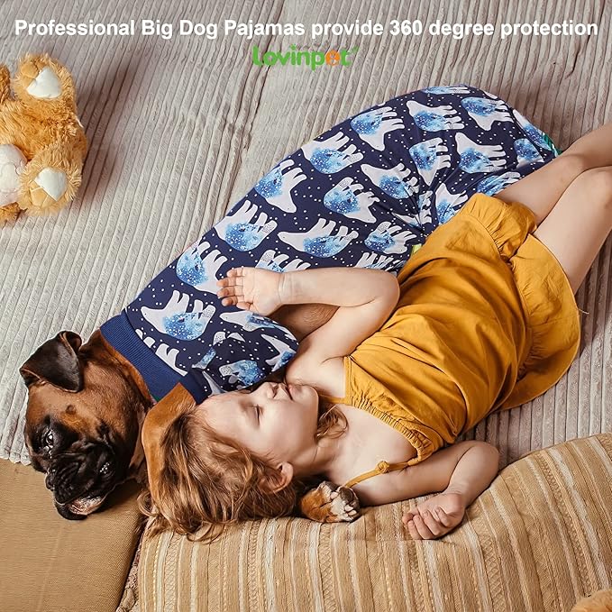 LovinPet Big Dog Pajamas, Post Surgery Onesie UV Protection, Blue Triangle Print, Lightweight Stretchy Big Dogs Pullover Shirt, Full Coverage Large Breed Dog Jammies, Pet PJ's, 3XL