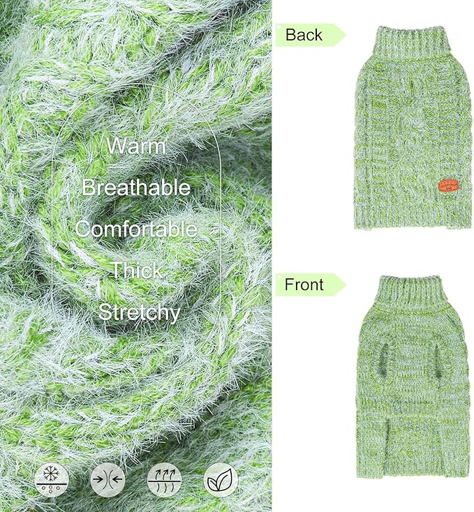BEAUTYZOO Small Dog Sweater -Turtleneck Pullover Classic Cable Knit Fuzzy Winter Coat Dog Cold Weather Clothes for Small Medium Dogs Puppy Girl Boys,Green S