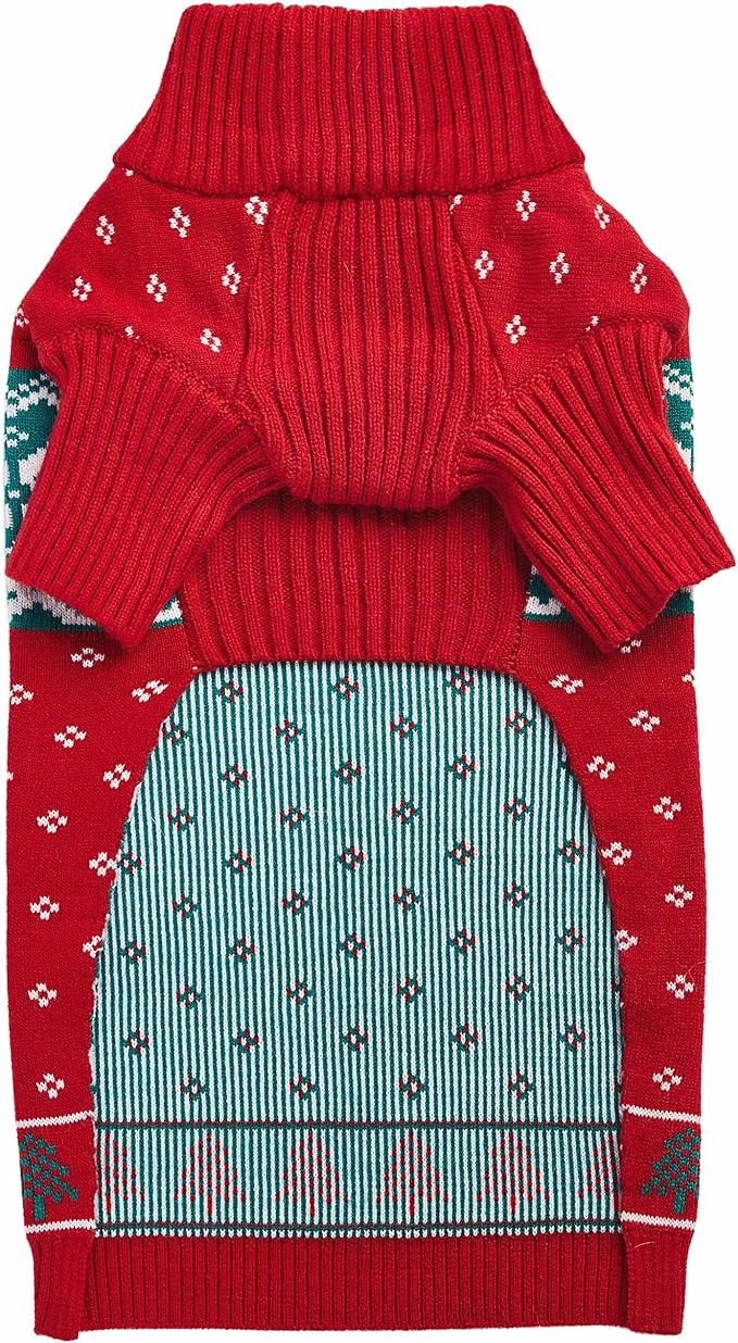 Blueberry Pet Christmas Tree and Snowflake Dog Sweater in Festive Red, Back Length 18", Pack of 1 Clothes for Dogs