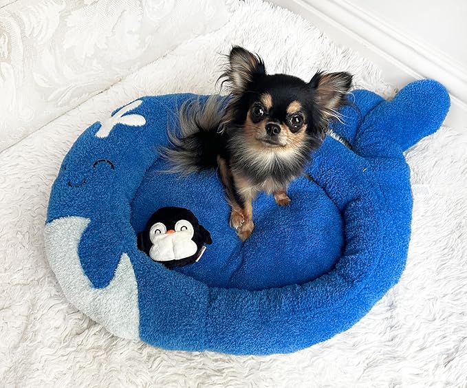 TONBO Soft Plush Small Cute and Cozy Nature Dog Cat Bed, Washer and Dryer Friendly (Whale)