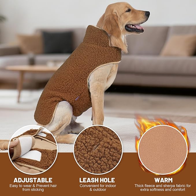 cyeollo Warm Dog Coat Fleece Sherpa Winter Sweater Coats, Turtleneck Dog Jacket Vest for Medium Large Big Dogs with Leash Hole, Soft Reversible Pet Coats for Cold Weather, Brown, XXXL