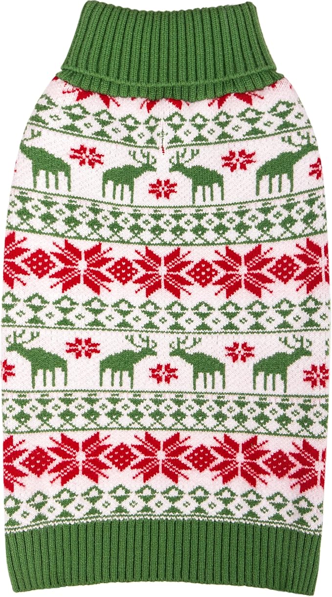 KYEESE Dog Christmas Sweater, Cozy Turtleneck Dog Sweater for Small Dogs Boy Girl with Snowflake & Reindeer Pattern, Soft Knit Winter Outfit with Leash Hole, Warm Pet Clothes, Large