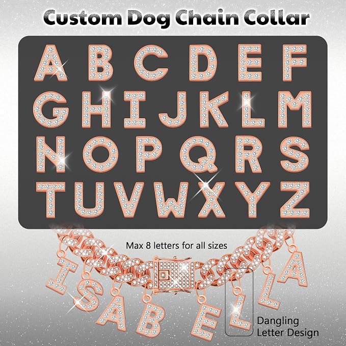 Custom Dog Chain Collar with Name, Diamond Collars Metal Chain Necklace with Secure Buckle, Cuban Style Jewelry Accessories for Puppy Small Medium Large Dogs(Rose Gold, 12 Inch)