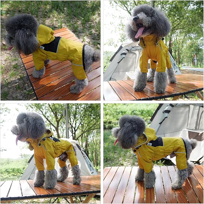 LOVELONGLONG Fleece-Lined Dog Raincoat with Removable Hood – Waterproof Winter Full Body Dog Jacket – Windproof Snowproof Cold-Weather Suit – Yellow-F 2XL