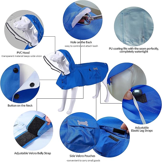 Waterproof Dog Raincoat, Adjustable Reflective Lightweight Pet Rain Clothes with Poncho Hood (Large, Blue)