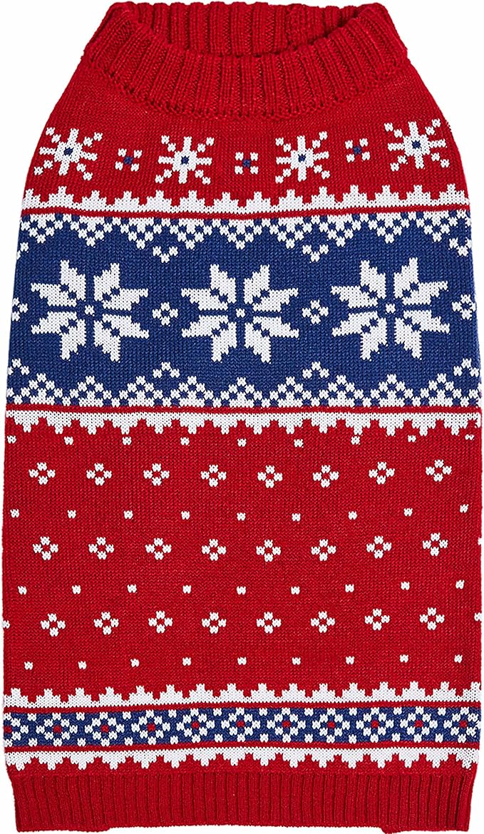 Blueberry Pet Christmas Snowflake Dog Sweater in Festive Red, Back Length 14", Pack of 1 Clothes for Dogs