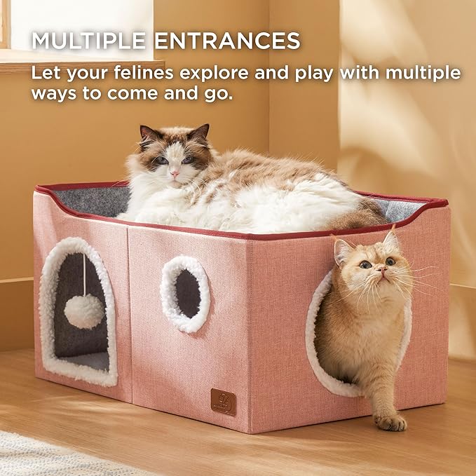 Bedsure Large Cat Beds for Indoor Cats - Extra Wide Cat Cube House for Small Pet with Fluffy Ball Hanging and Scratch Pad, Foldable Pet Cave Hideaway for Multiple Cats, 23.6x16.9x13 inches,Pink