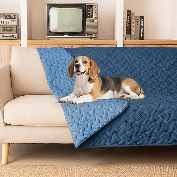 gogobunny 100% Double Sided Waterproof Dog Blanket Soft Pet Bed Cover Reversible Protect Furniture Couch Sofa Car for Puppy Cat Kids (Dark Blue/Light Blue, 82x82 Inch (Pack of 1))