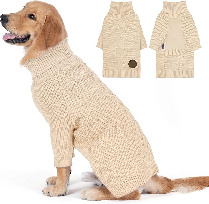cyeollo Dog Sweater Knitwear with Long Sleeves Turtleneck Pullover Sweaters Fall Winter Dog Clothes Sweaters for Large Dogs, Beige XXXL