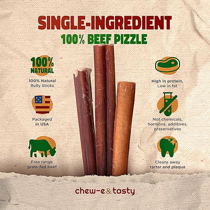 chew-e&tasty Premium Grade 6" Jumbo Bully Sticks (Pack of 8) - All Natural Free-Range Odor Free High Protein Beef Dental Dog Chews Safest Long Lasting Pizzle Chews to Keep Your Dog Busy