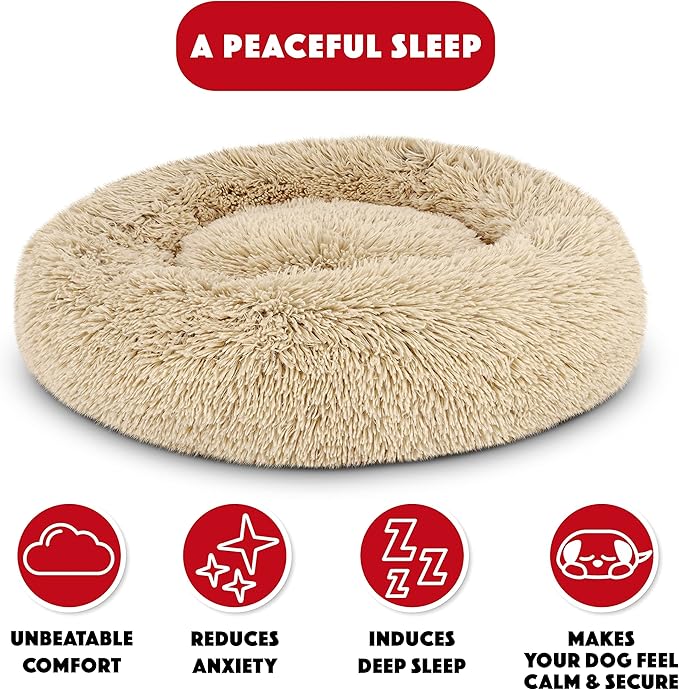 The Dog’s Bed Sound Sleep Donut Dog Bed, Small Beige Fur Calming Nest Bed, Veterinary Approved