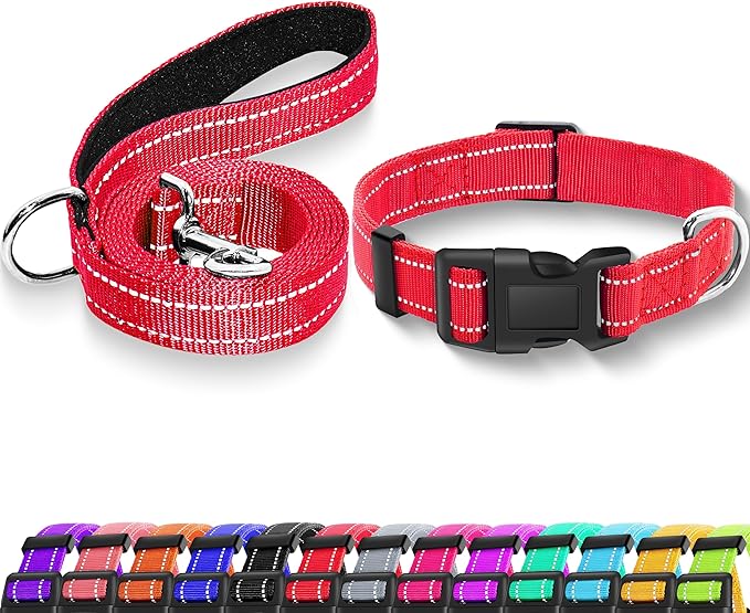 Reflective Dog Collar with Safety Locking Buckle, Adjustable Soft Breathable Nylon Collars for Small, Medium and Large Dogs(Collar+Leash L Red)