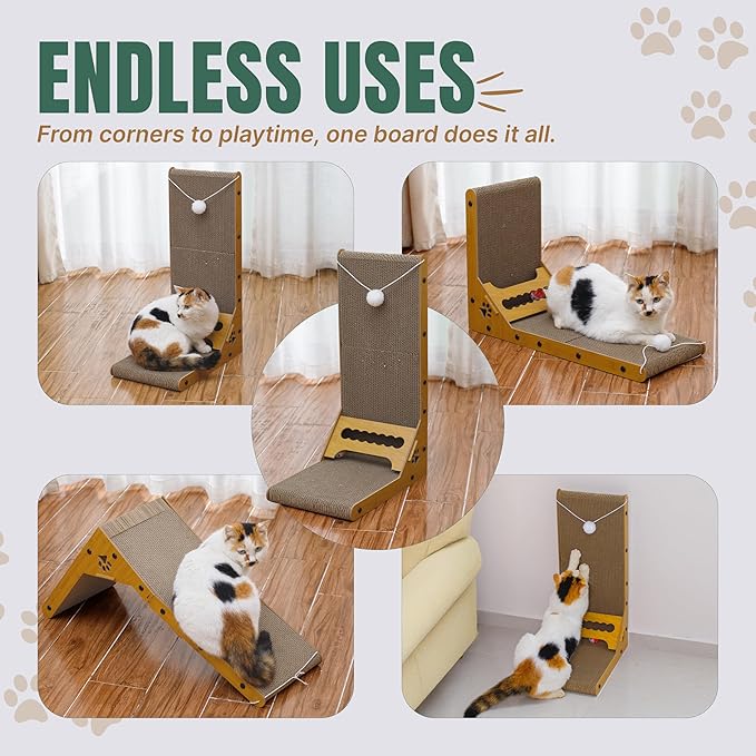 Cat Cuddles Cardboard Cat Scratcher for Indoor Cats, 2-Pack - 3-in-1 Vertical & Horizontal Cardboard Scratch Pad with Toy Ball - L-Shape Scratching Post for Furniture Protection