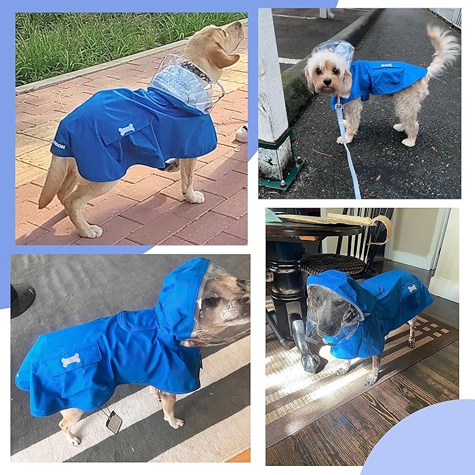 Waterproof Dog Raincoat, Adjustable Reflective Lightweight Pet Rain Clothes with Poncho Hood (Small, Blue)