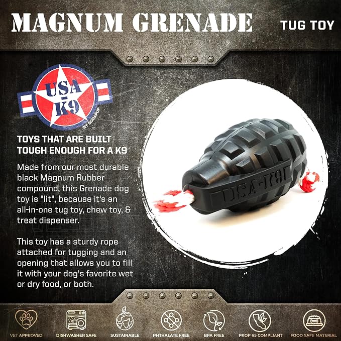 SodaPup USA-K9 Magnum Grenade – Dog Tug Toy, Chew Toy & Treat Dispenser Made in USA from Our Most Durable Non-Toxic, Pet-Safe, Food Safe, Natural Rubber for Strengthening Bond, Exercise, & More
