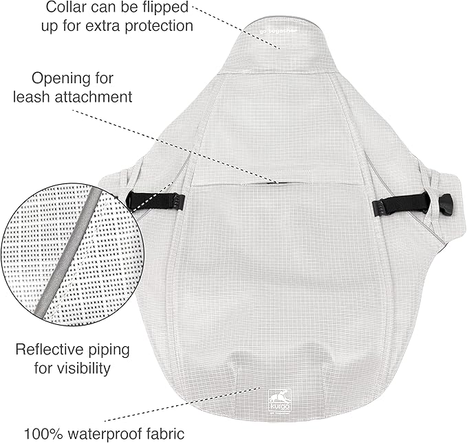 Kurgo Halifax Rain Shell, Dog Raincoat, Waterproof Rain Jacket for Dogs, Pet Poncho, Reflective, Leash Opening, Quick Release Buckles (Stormy White, Medium)