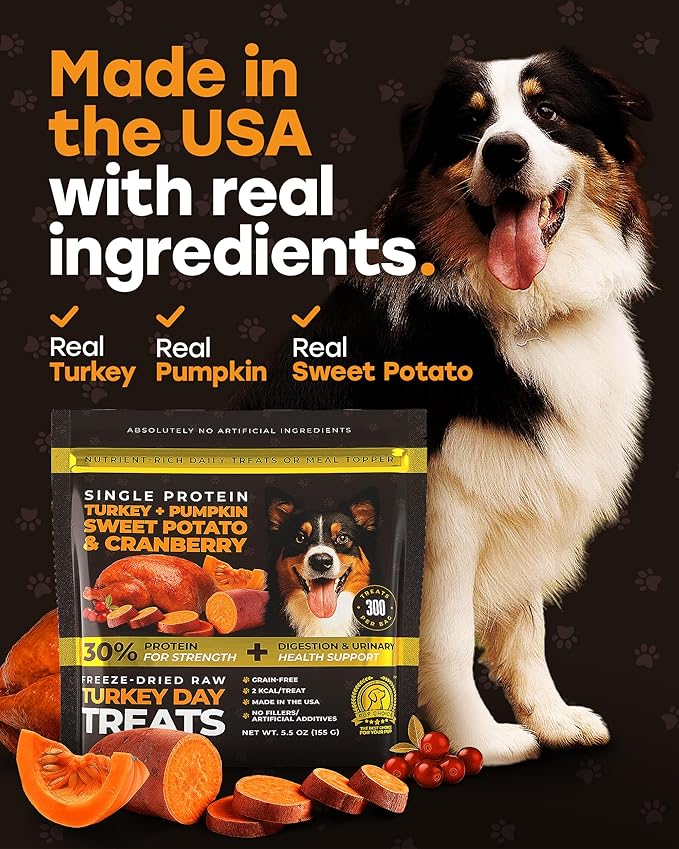 Freeze-Dried Raw Dog Treats – Real Turkey with Pumpkin, Sweet Potato & Cranberry – Single Protein, High-Protein, Grain-Free Daily Reward Turkey Day Bites & Meal Topper – Made in USA – 5.5oz. - 300ct