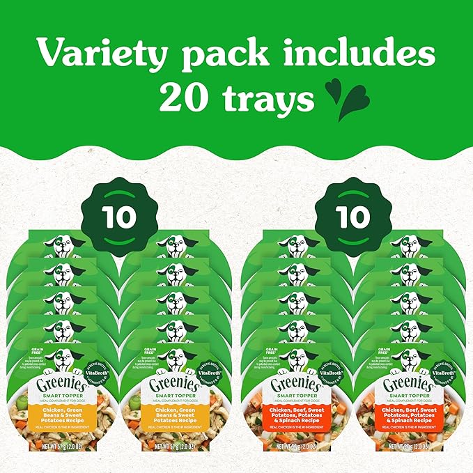 Greenies Smart Topper High Protein Wet Mix-in for Dogs, Chicken, Green Beans, and Sweet Potatoes Recipe & Chicken, Beef, Sweet Potato & Spinach Recipe Variety Pack, 20 Trays of 2oz.
