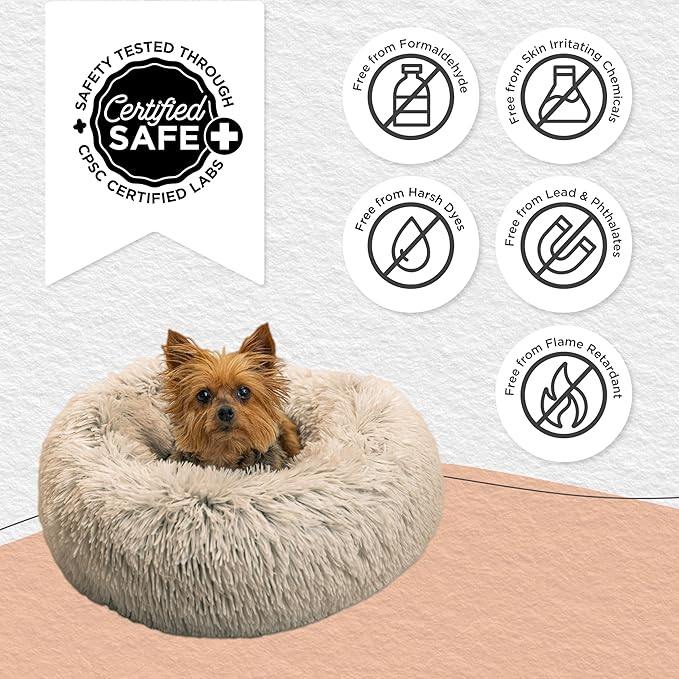 Best Friends by Sheri Original Calming Donut Dog and Cat Bed, Shag Faux Fur, Taupe, XS (18in x 18in) - Anxiety Relief for Pets Up to 10 lbs