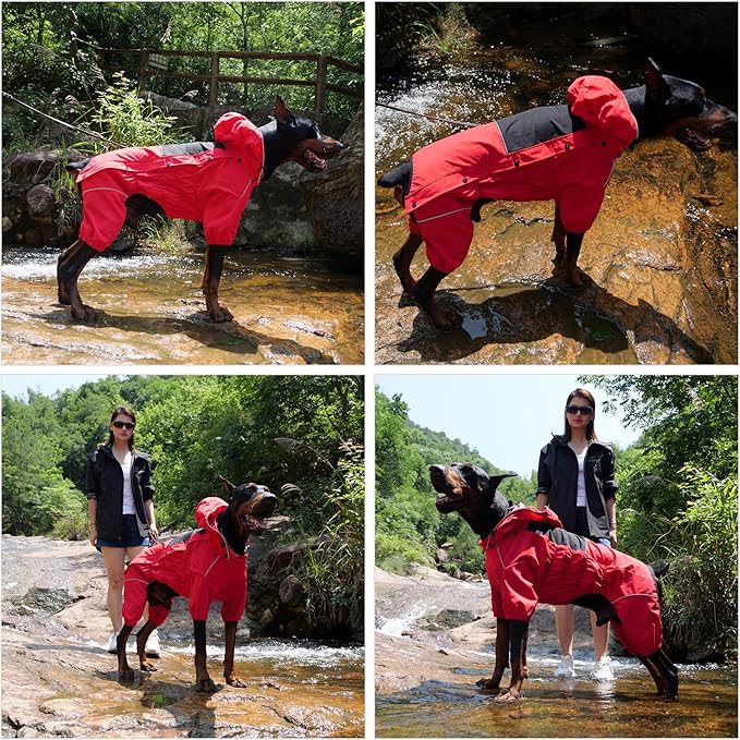 LOVELONGLONG Fleece-Lined Dog Raincoat with Removable Hood – Waterproof Winter Full Body Dog Jacket – Windproof Snowproof Cold-Weather Suit – Red-F L