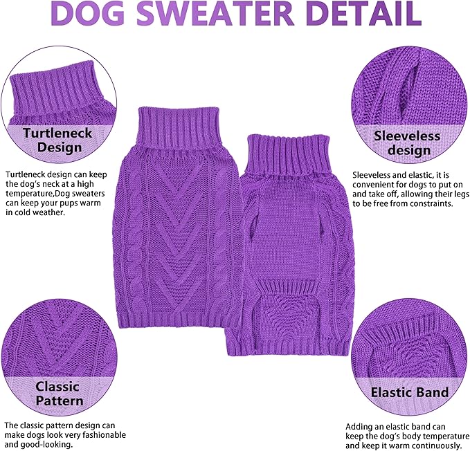 Dog Sweaters for Small Dogs Warm Dog Clothes Winter Chihuahua Clothes Girl Boy Puppy Sweater Knitted Doggy Coat Soft Mini Dachshund Sweater with Turtleneck Pullover Design(D-Purple, Large)
