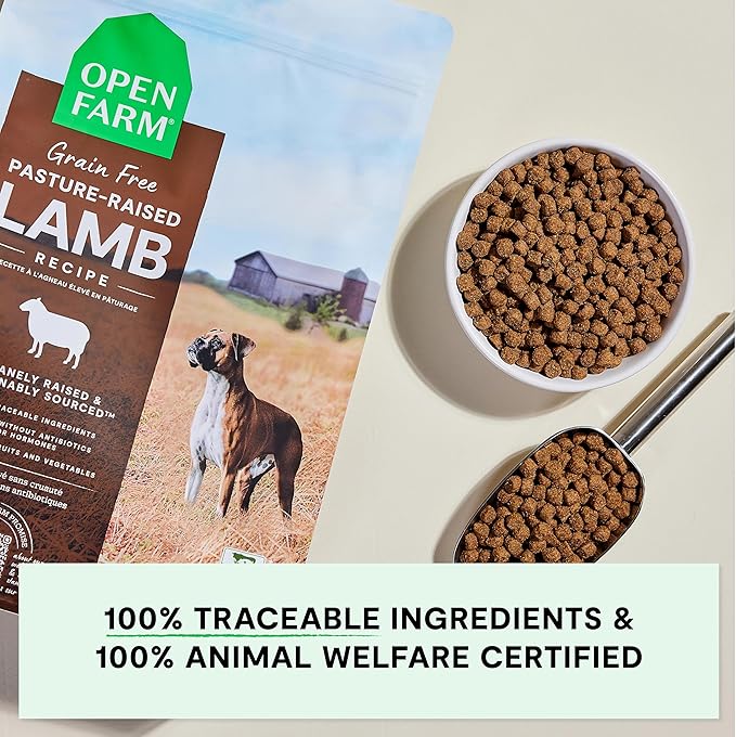 Open Farm, Grain-Free Dry Dog Food, Complete & Balanced Kibble, Sustainably & Ethically Sourced Ingredients, Non-GMO Veggies & Superfoods Support Overall Health, Pasture Raised Lamb Recipe, 22lb Bag