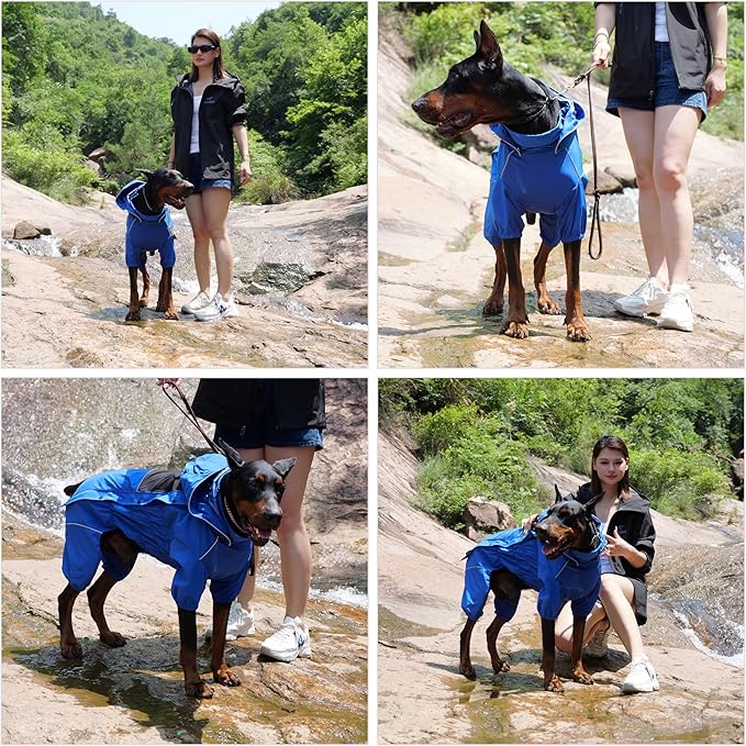 LOVELONGLONG Waterproof Dog Raincoat with Removable Hood – Outdoor Full Body Dog Jacket, Windproof Snowproof Shell Suit – All Season Pet Rain Gear Blue L