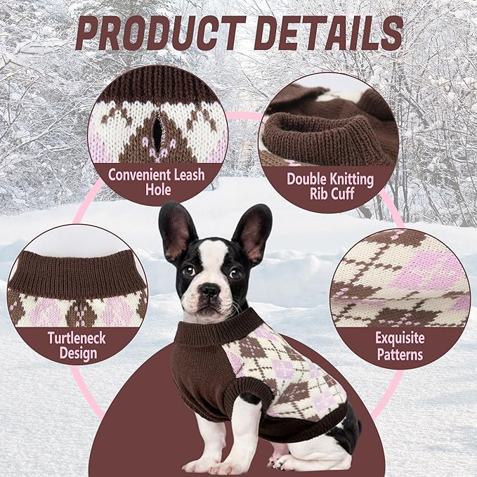 Dog Sweater, Soft Dog Sweaters for Small Medium Dogs Cats Girl Boy, Classic Knitted Turtleneck Winter Pet Clothes for Dogs Girl Boy, Christmas Puppy Kitten Sweater with Leash Hole, Brown, Small