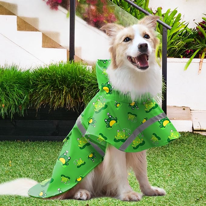 NACOCO Large Dog Raincoat Adjustable - Pet Frog Water Proof Clothes Lightweight Rain Jacket Poncho Hoodies with Strip Reflective Green (3XL, Green Frog)