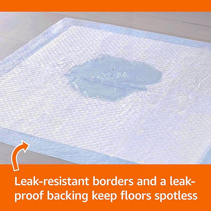 Amazon Basics Dog and Puppy Pee Pads, 5-Layer Leak-Proof Super Absorbent, Quick-Dry Surface, Potty Training, Regular (22x22"), 50 Count, Blue & White