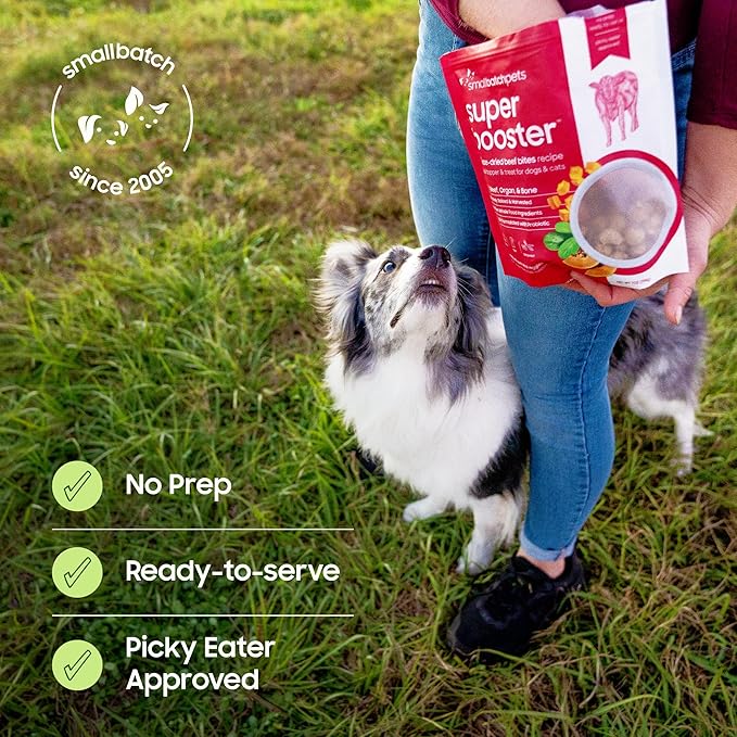 smallbatch Freeze Dried Dog Treats, Superfood Food Topper Pork Bites for Dogs & Cats, Probiotics, Organic Ingredients, High Protein, Grain Free Healthy Treat & Food Topper, Made in The USA, 7 oz Bag