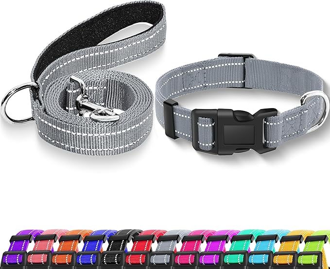 Reflective Dog Collar with Safety Locking Buckle, Adjustable Soft Breathable Nylon Collars for Small, Medium and Large Dogs(Collar+Leash M Gray)