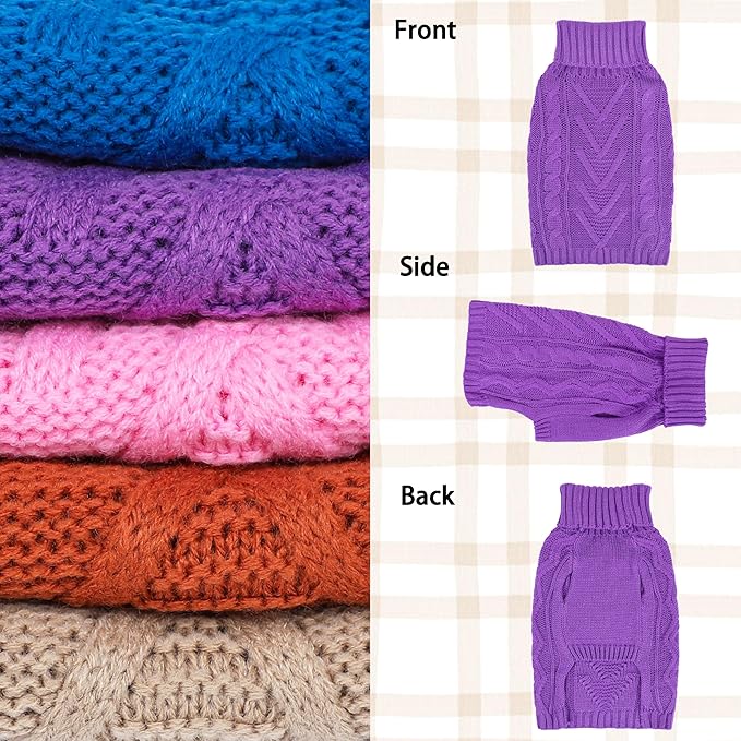 Dog Sweaters for Small Dogs Warm Dog Clothes Winter Chihuahua Clothes Girl Boy Puppy Sweater Cable Knitted Doggy Coat Soft Mini Dachshund Sweater with Turtleneck Pullover Design (D-Purple, Medium)