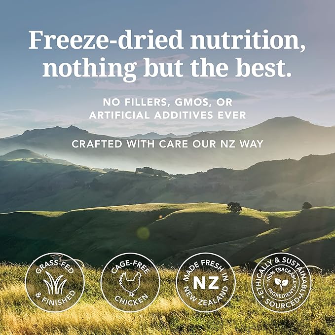 Feline Natural High Protein Dry Cat Food, Freeze-Dried Diet with 98% Meat, Organs & Seafood, No Peas, Grains, or Artificial Additives, Made in New Zealand, Chicken & Lamb, 3.5oz