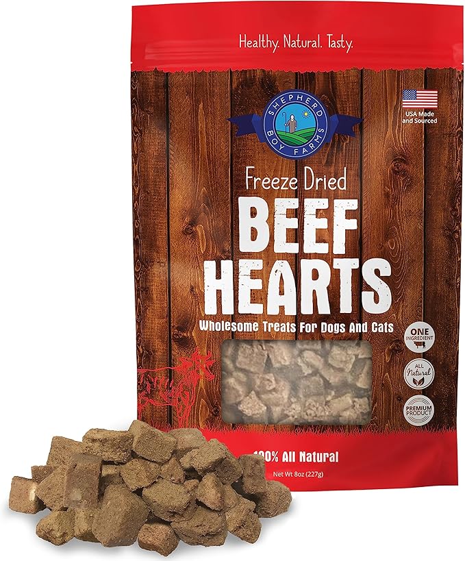 Shepherd Boy Farms Freeze Dried Dog and Cat Treats, Beef Heart, All Natural Single Ingredient Freeze-Dried Dog Treat & Snacks, Made in USA, High Protein, Essential Nutrition of Raw Food, 8oz