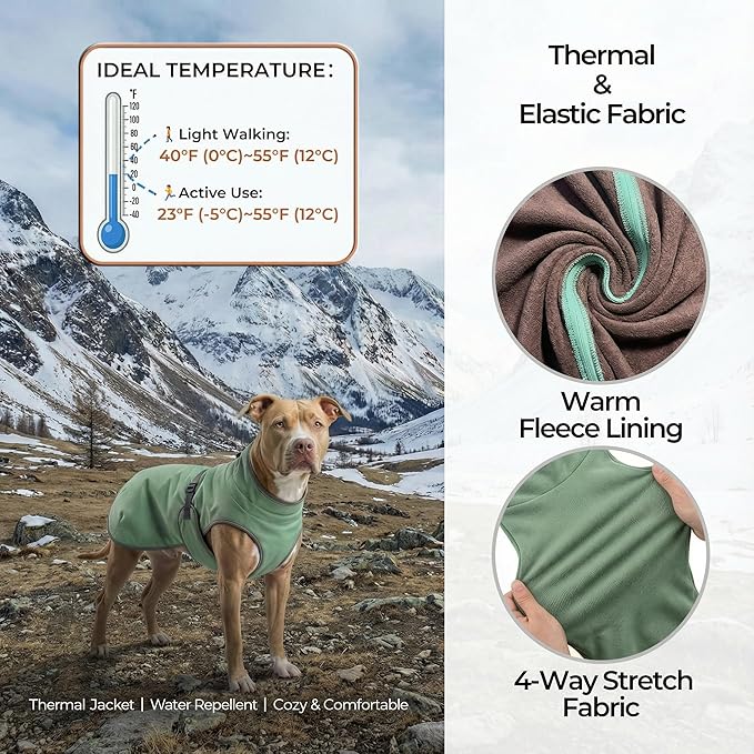 Water-Repellent Dog Winter Vest, Fleece Lined Warm Jacket for Hiking & Running, Adjustable Athletic Fit with Anti-Slip Leg Straps for Active Dogs (Green, Large)