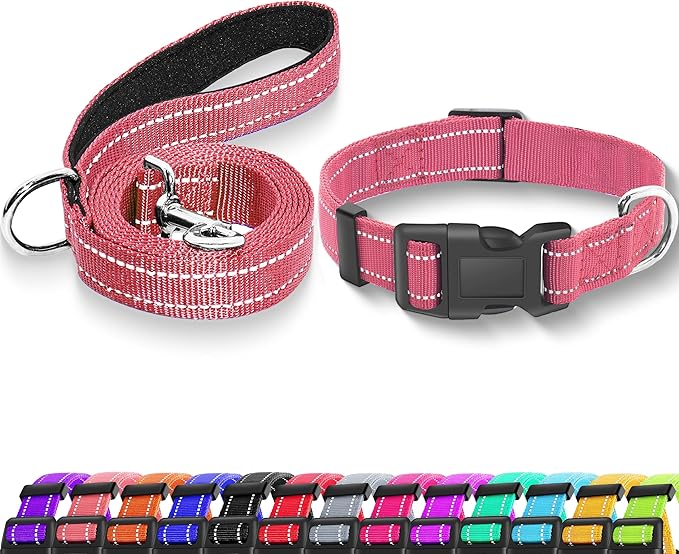 Reflective Dog Collar with Safety Locking Buckle, Adjustable Soft Breathable Nylon Collars for Small, Medium and Large Dogs(Collar+Leash M Pink)