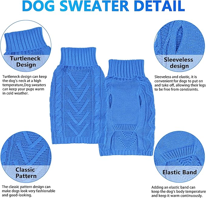 Dog Sweaters for Small Dogs Warm Dog Clothes Winter Chihuahua Clothes Girl Boy Puppy Sweater Cable Knitted Doggy Coat Soft Mini Dachshund Sweater with Turtleneck Pullover Design (Blue, X-Large)